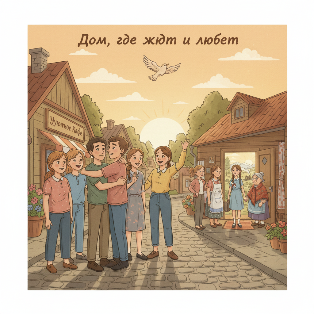 Настя возвращается в свой родной город.  Объятия мамы и бабушки, теплые встречи с друзьями, знакомые улицы – все это наполняет ее сердце счастьем.  Она понимает, что дом – это место, где всегда ждут и любят, и теперь она знает, что ее крылья никогда не перестанут нести ее к родным берегам.