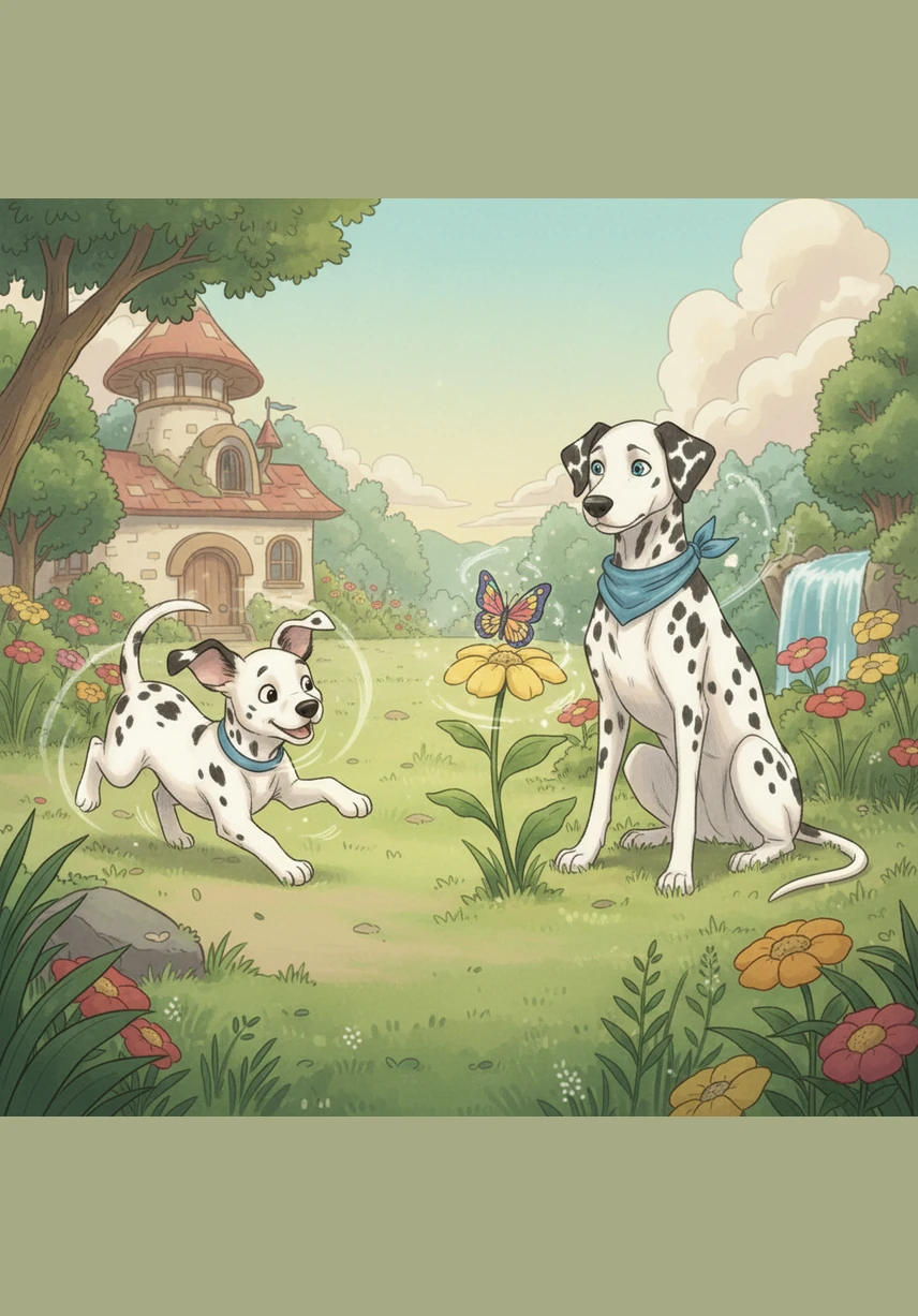 Bobby is a blur of motion, chasing his tail in a grassy backyard with a joyful expression. Matrix sits nearby, carefully observing a butterfly landing on a flower with intense, thoughtful focus.