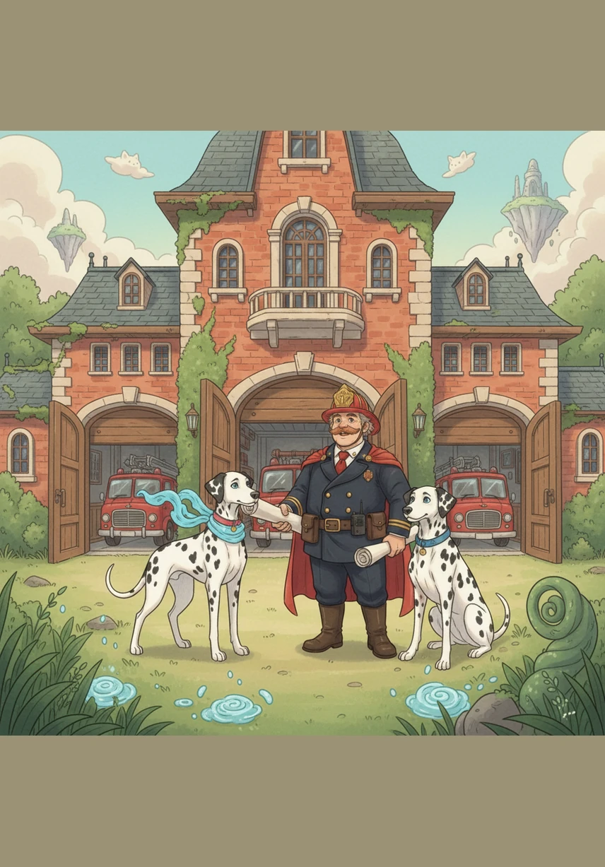 The brothers stand before a massive firehouse with giant, gleaming red doors. The air is thick with the scent of engine oil and fresh soapy water, signaling a place of great bravery and hard work.