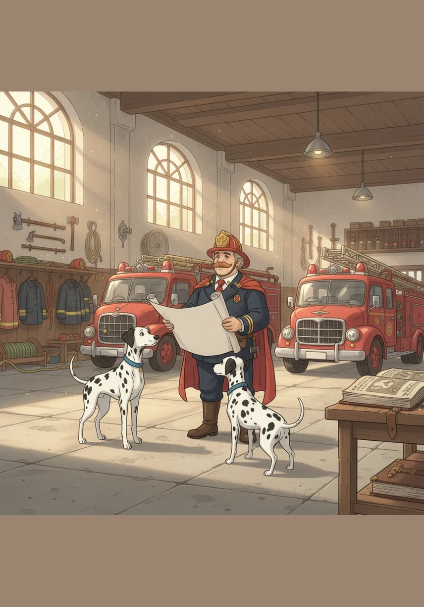 A magnificent red fire engine sits in the center of the room, shining brighter than a new penny. It is the biggest, reddest thing the puppies have ever seen, decorated with sparkling gold emblems.