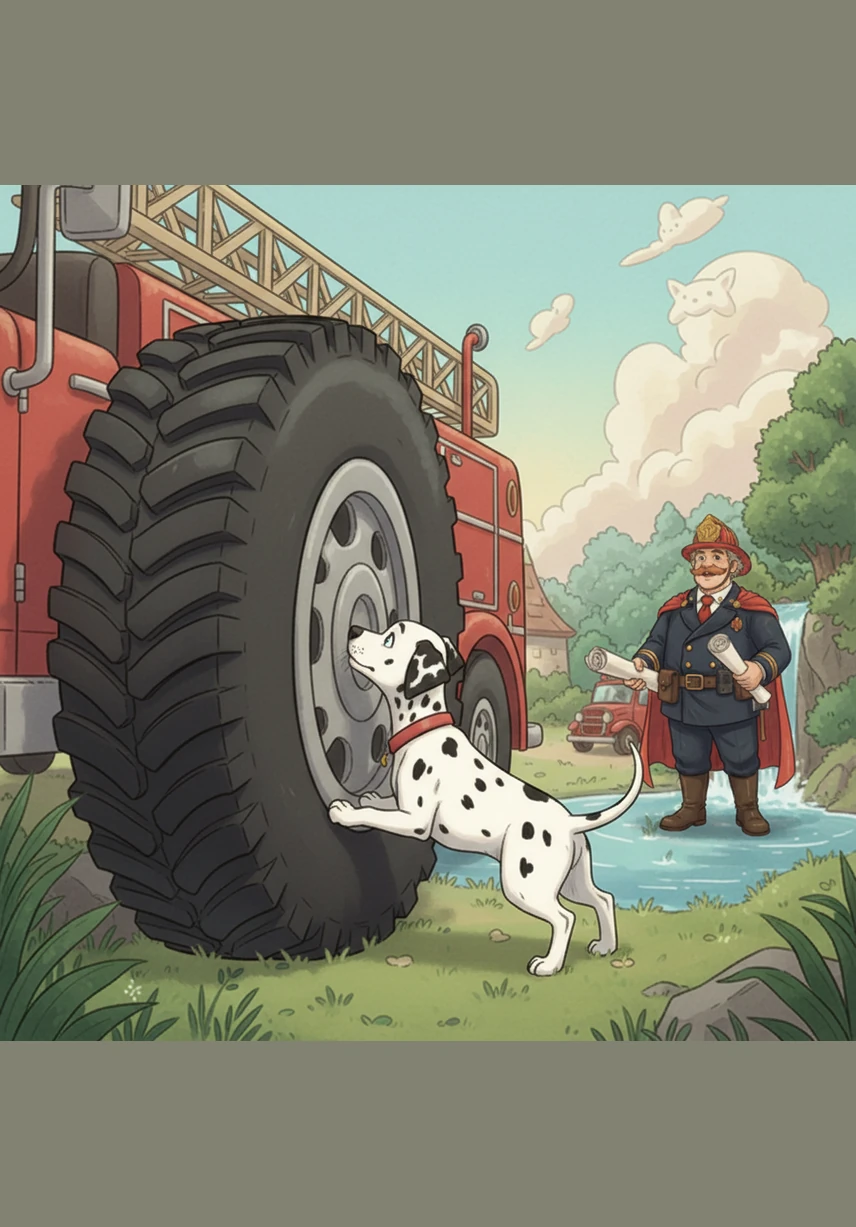 Bobby scurries over to the fire engine's giant black tires, which are taller than his entire body. He gives them a thorough sniff, wondering what it would be like to sit in the high driver's seat.