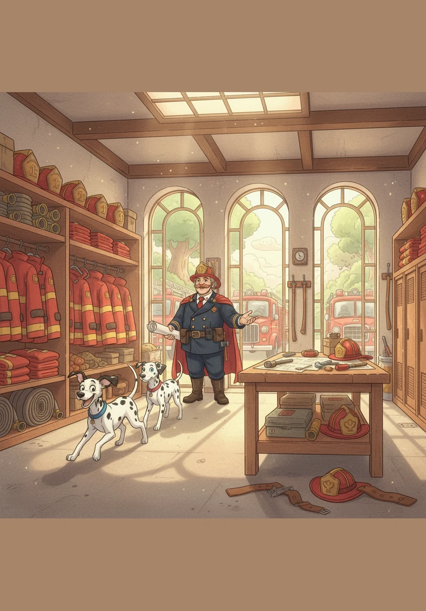 Chief Miller leads them into the gear room, where rows of yellow coats and black boots stand ready for action. Every piece of equipment has its own special place on the sturdy wooden racks.