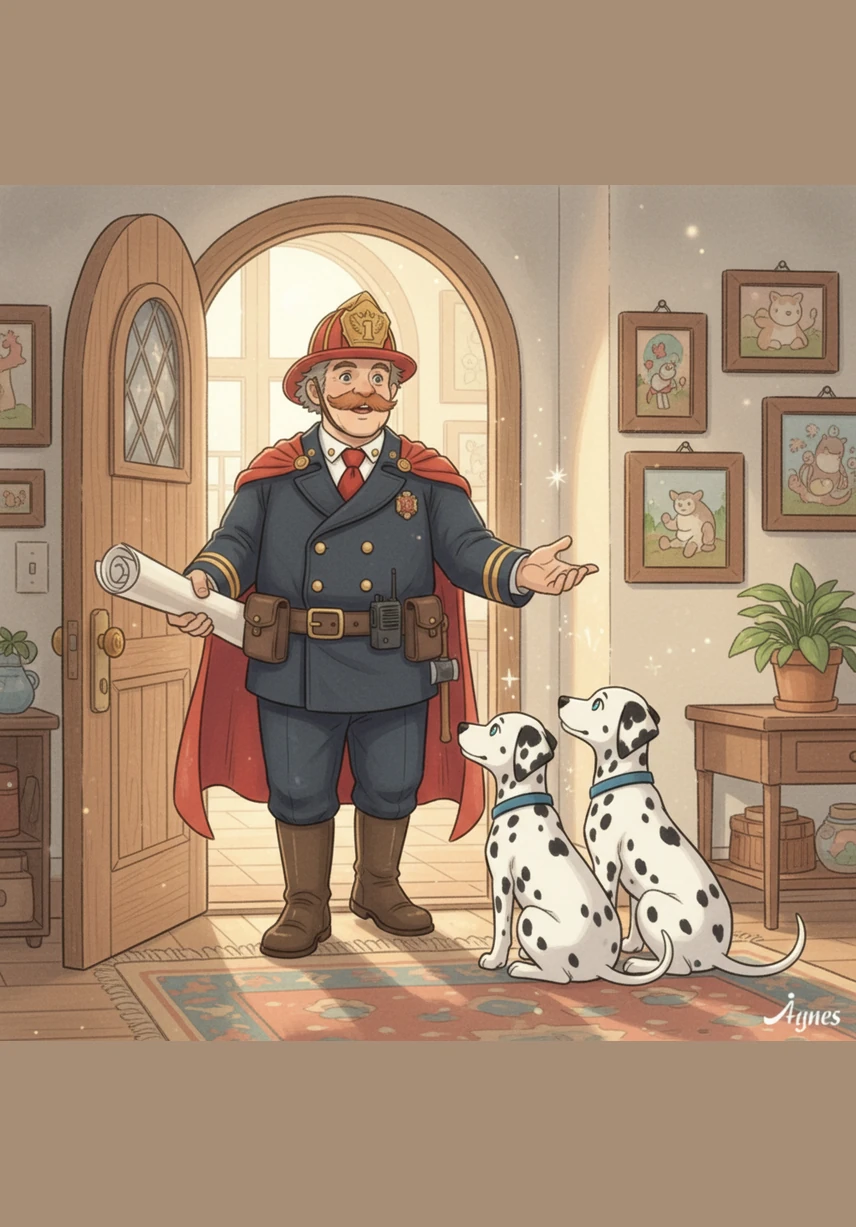 The Chief steps into the hallway to talk with their owner, leaving the two pups alone in the gear room. Bobby’s eyes immediately lock onto a shiny gold badge pinned to the nearest firefighter helmet.