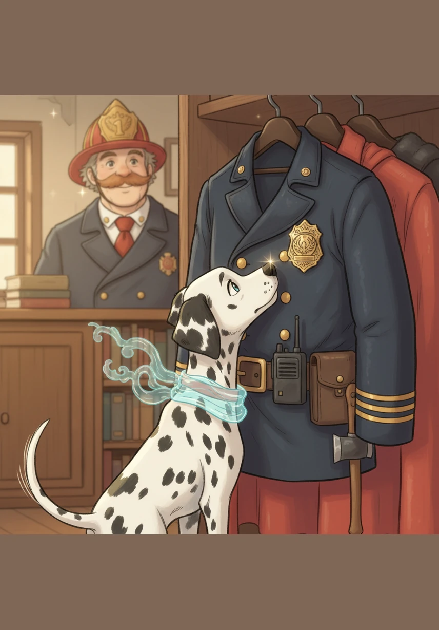 Bobby cannot resist the urge to see the badge up close; he just has to know what success and bravery smell like. He inches closer to the rack, his tail wagging a mile a minute with curiosity.