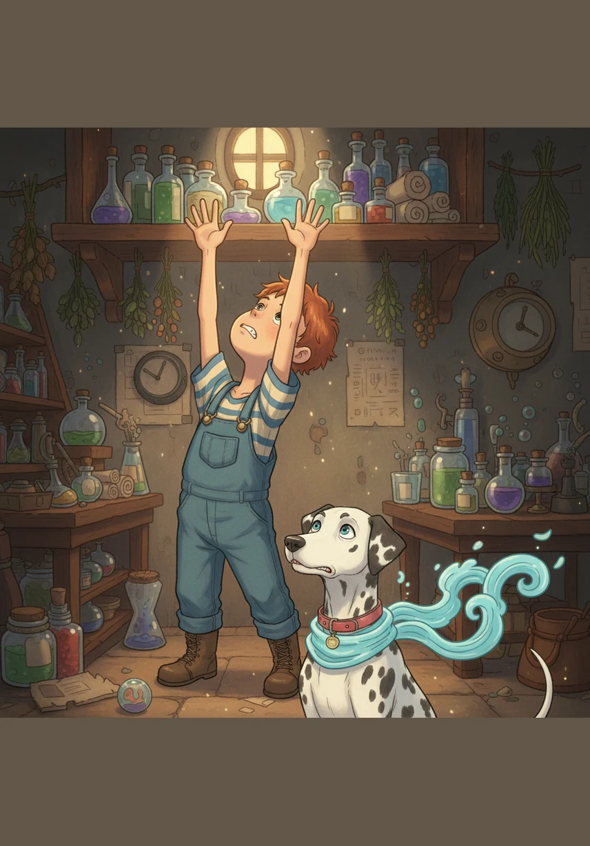 Bobby stretches his neck as far as it can go and rises up on his tippy-toes to reach the high shelf. He wobbles back and forth, losing his steady footing as Matrix watches with a worried expression.