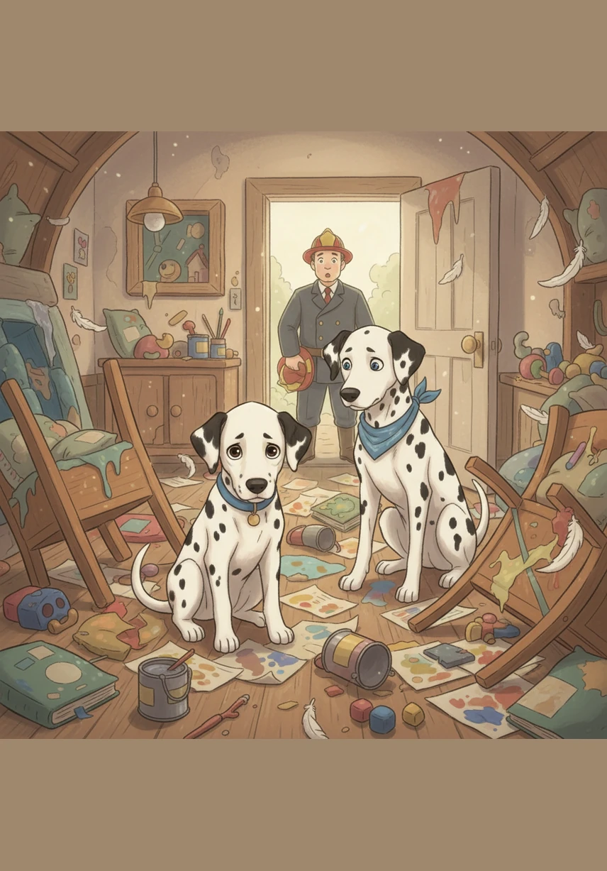 Bobby sits in the middle of the disaster, his head hanging low and his ears drooping in shame. He looks up at Matrix with big, guilty eyes, realizing he has ruined the most perfect room in the world.