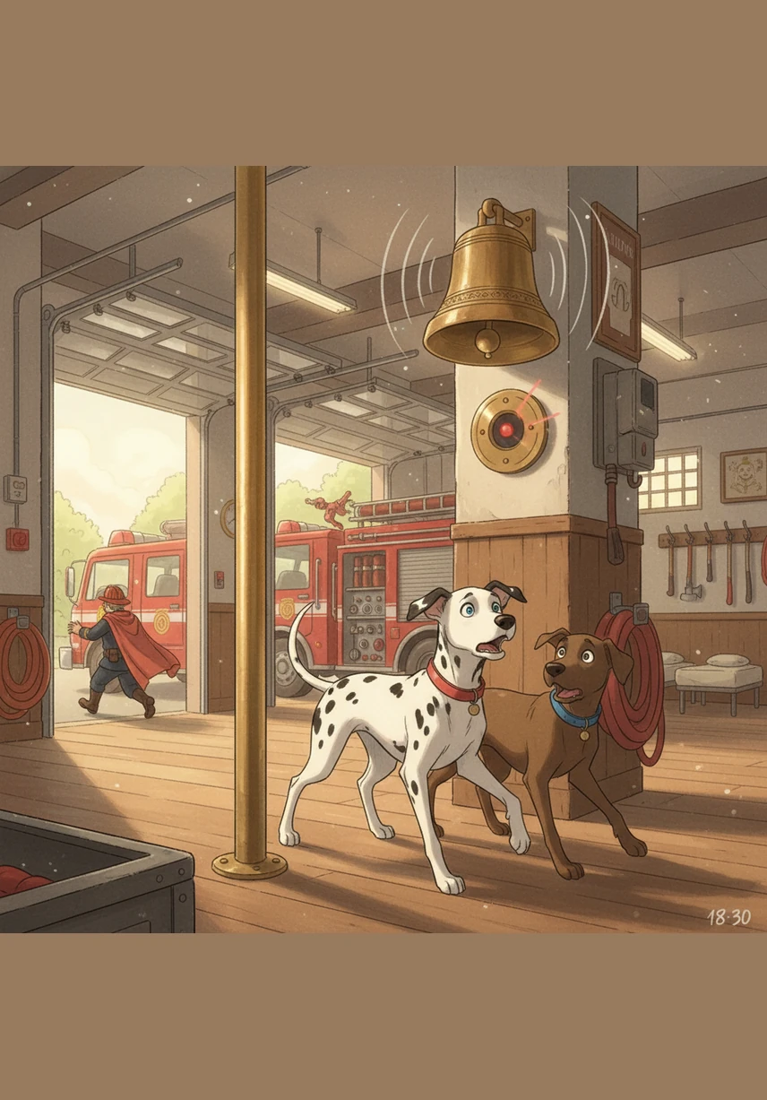 Suddenly, a loud and piercing alarm fills the firehouse, ringing out three times in a row. It is the sound of a practice drill, and the firefighters will be rushing in at any moment.