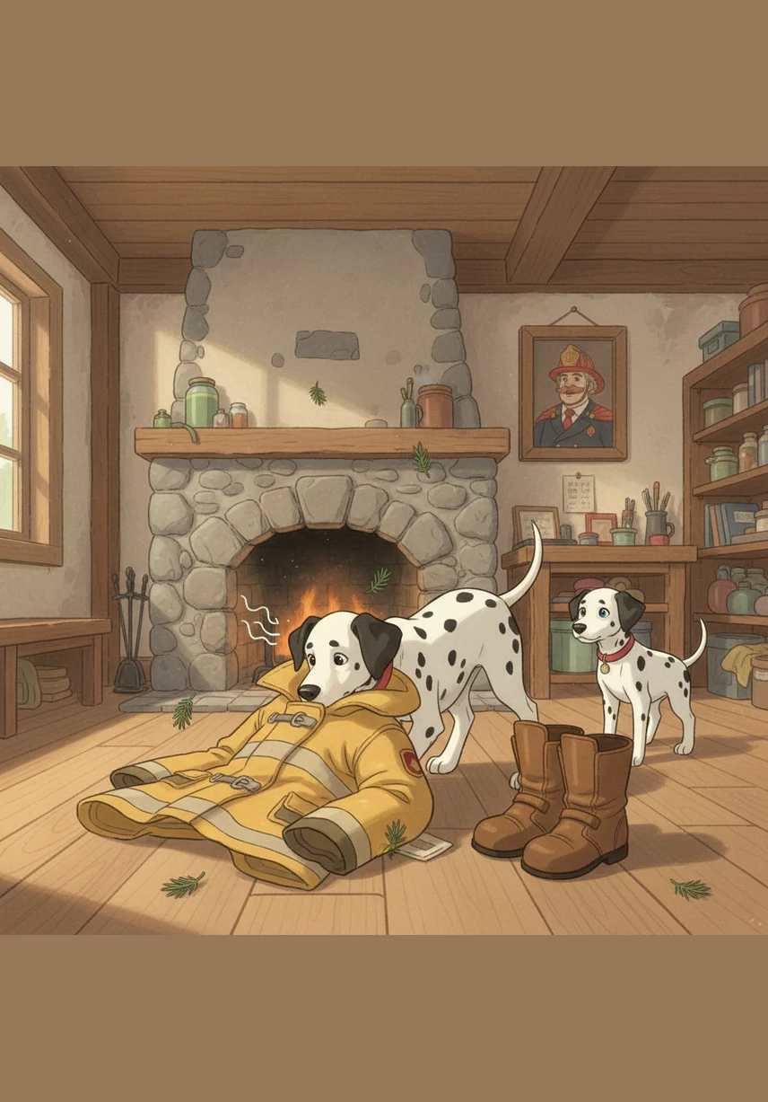 Matrix finds a heavy yellow coat and inhales deeply, identifying the distinct scent of fresh pine needles. He quickly pushes the coat toward its matching pair of boots on the right side of the room.