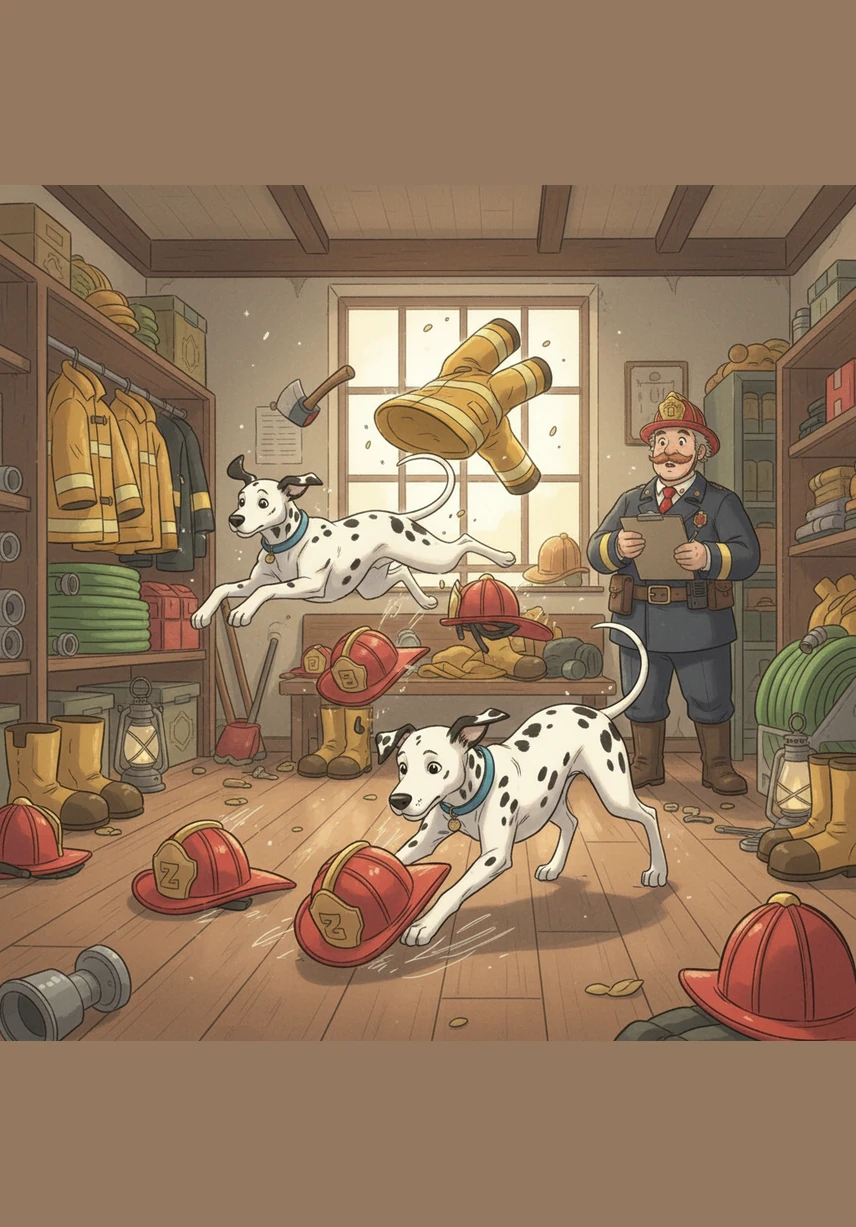 The two brothers work as a lightning-fast team, a blur of white fur and black spots moving through the mess. Bobby tosses gear through the air while Matrix slides helmets across the floor like hockey pucks.