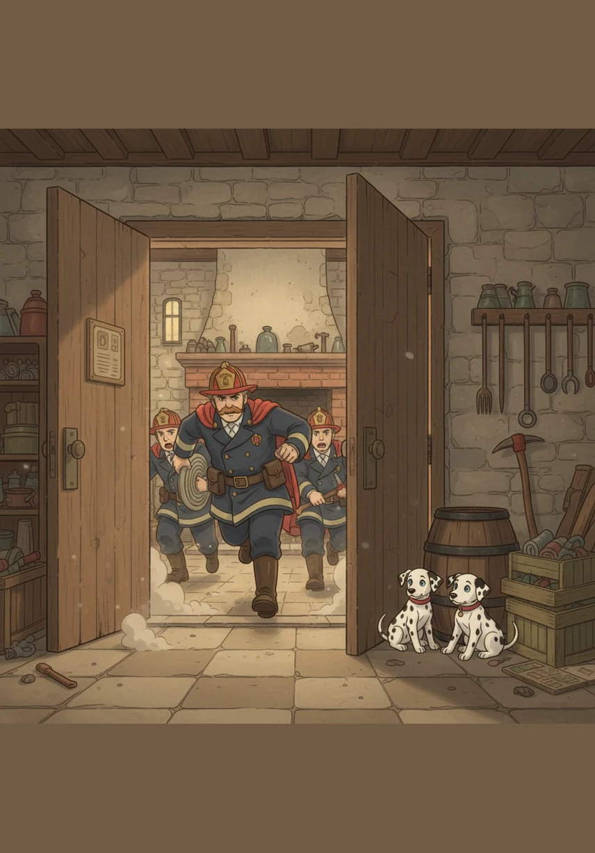 The heavy doors swing open and the firefighters rush into the room with focused, determined expressions. They move so quickly and efficiently that they don't even see the two puppies hiding in the corner.