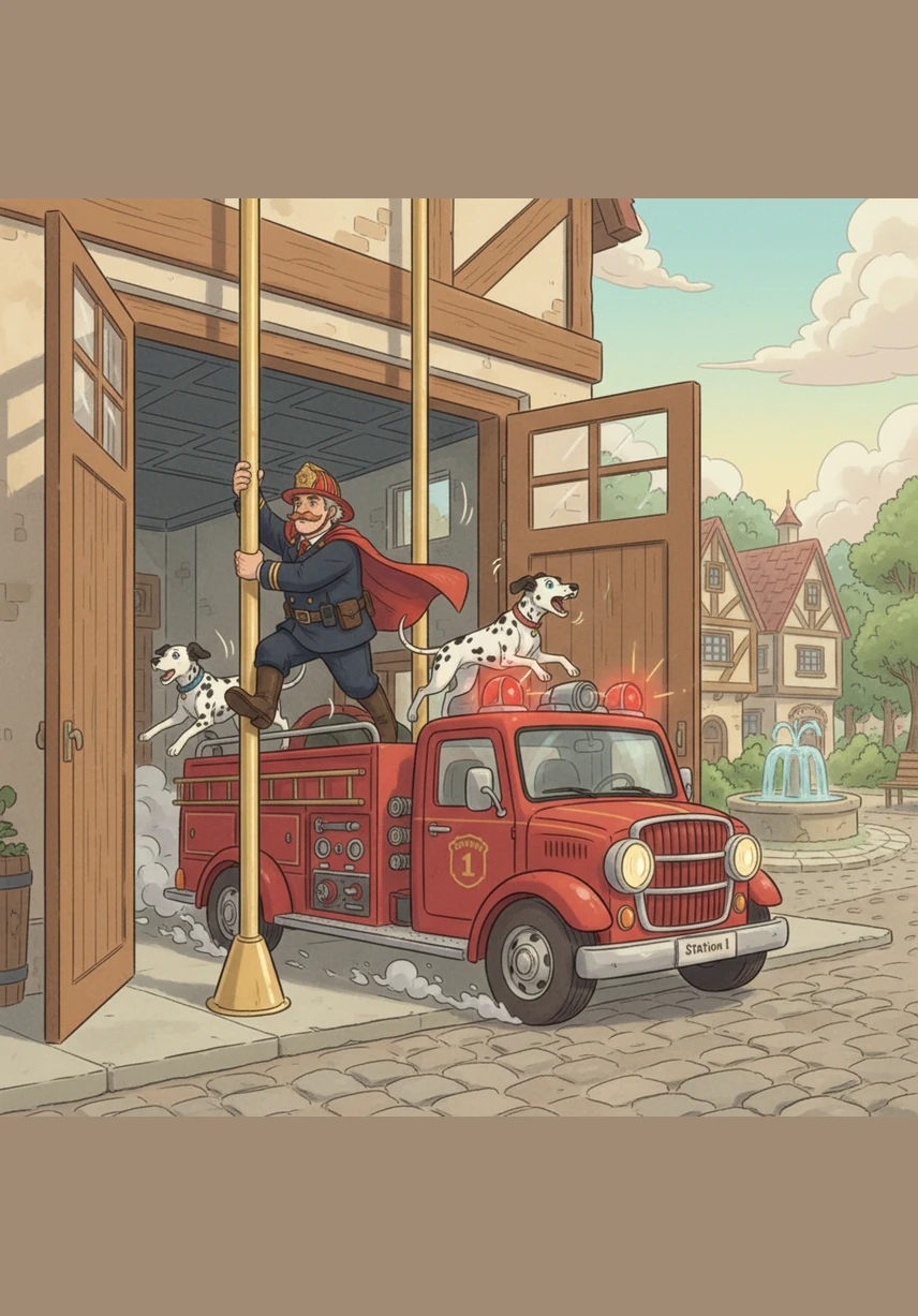 The firefighters slide down the shiny brass pole and leap onto the back of the engine. The engine roars to life and speeds out of the station with its sirens wailing, making the drill a huge success.