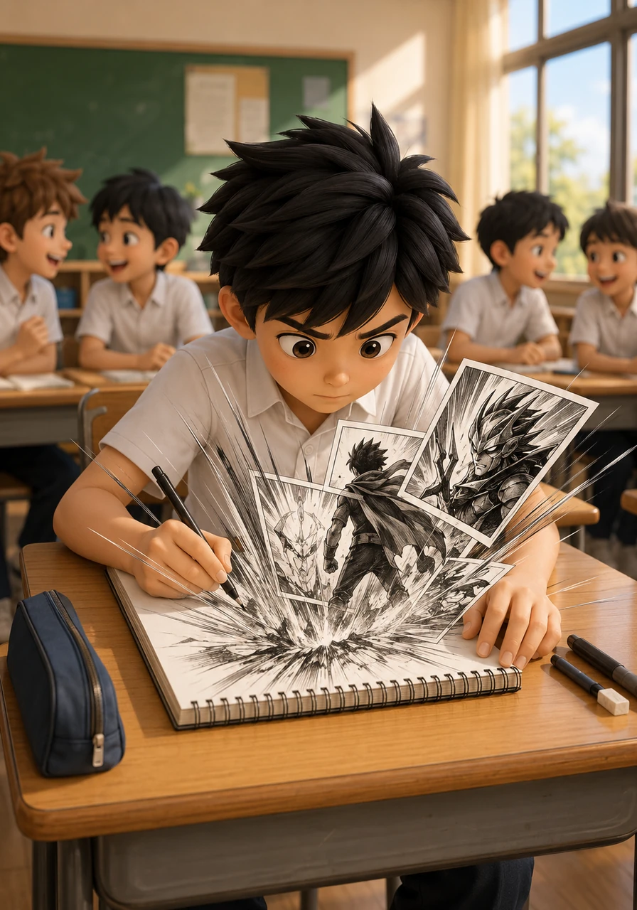 Kaito sits hunched at his desk in the busy 6th-grade classroom, dynamic manga panels and speed lines practically exploding from his notebook. While classmates chat happily around him, he is completely lost in rendering the epic showdown of his original hero, completely ignoring the chatter about tomorrow's history quiz.