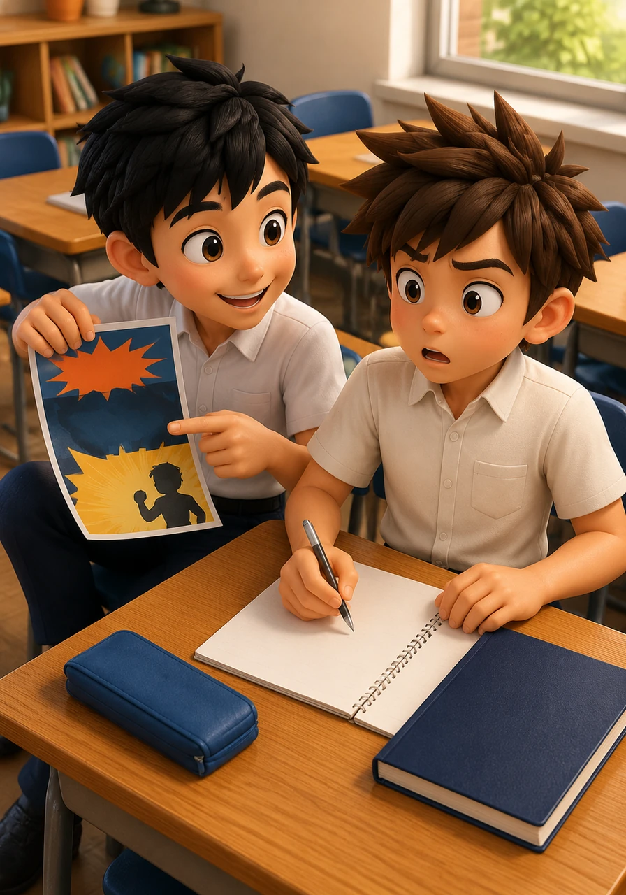 His best friend, Ren, slides into the seat next to Kaito, waving a glossy flier and pointing excitedly at the 'Gakuen Junior Manga Competition' headline. Kaito's eyes widen, and his pen freezes mid-stroke as he realizes this is his big chance, but the tight two-week deadline immediately sends a wave of panic through him.