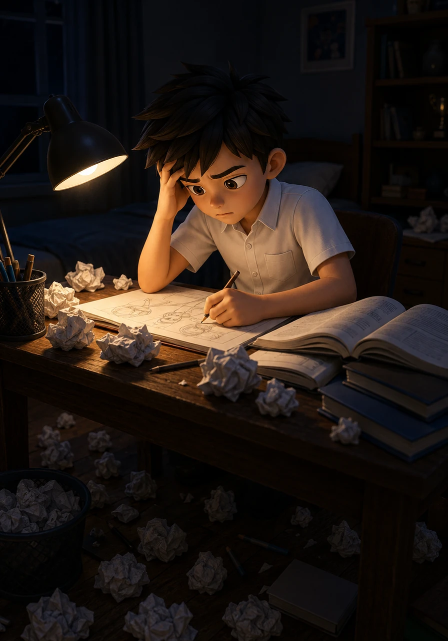 The pressure mounts as Kaito balances grueling homework sessions with late-night sketching, his room illuminated only by the focused glow of his desk lamp and surrounded by piles of crumpled paper. He desperately tries to meet both his academic responsibilities and the relentless demands of his creating passion.