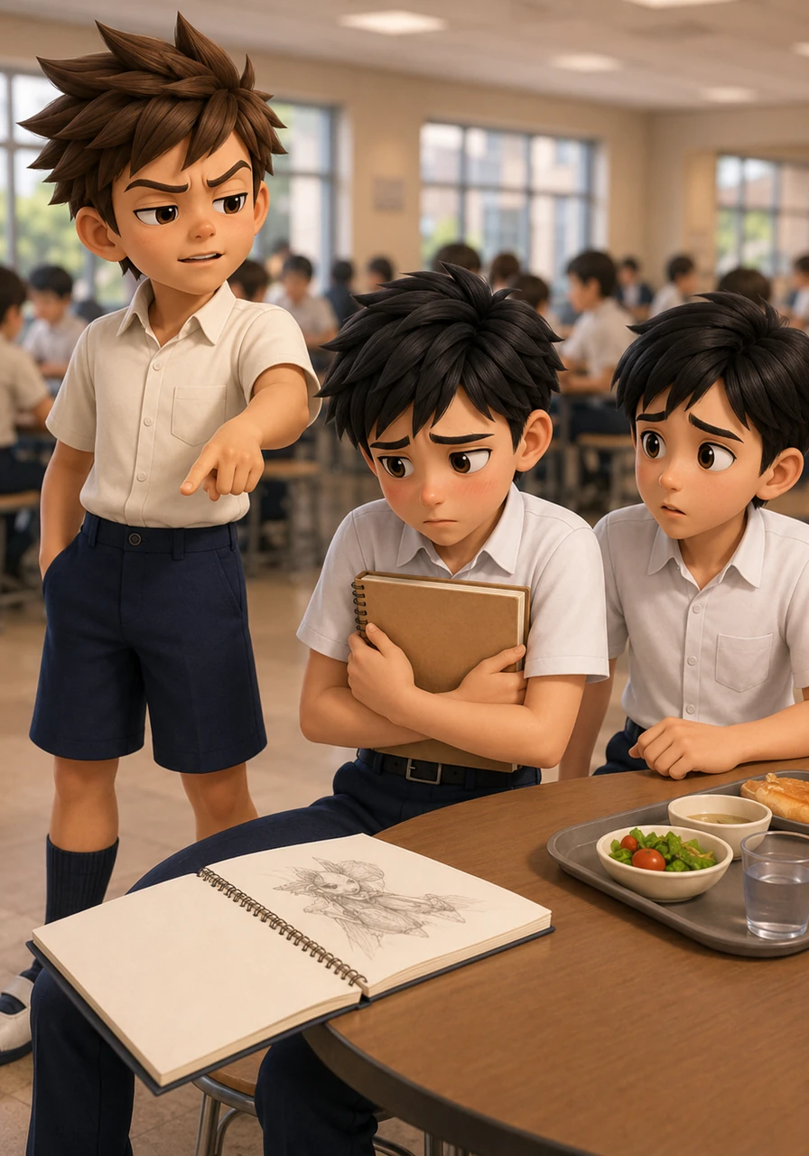 During a crowded lunchtime, a confident classmate named Sora happens to glance at Kaito's sketchbook and makes a dismissive comment about his 'childish' monster designs and predictable plotlines. Kaito clutches his notebook tightly, his face flushed with embarrassment and doubt, while Ren looks on, worried for his friend.