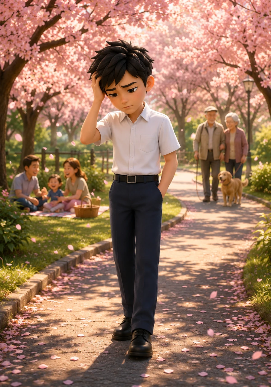 Frustrated and experiencing creative block, Kaito walks alone through a quiet, local park filled with blooming cherry blossoms after school, searching for inspiration in the everyday world around him. He observes families laughing together and elderly couples walking dogs, but nothing seems dynamic enough for his manga.