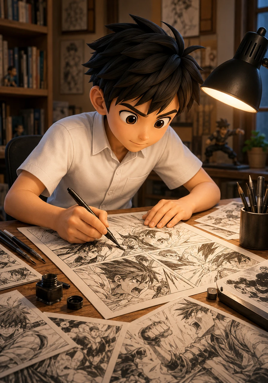 Back at his desk with renewed purpose, Kaito vigorously redraws his manga, focusing on powerful expressions and dynamic page layouts that convey real character struggle and growth. He works with intense focus, channeling the inspiration he found into every confident pen stroke.