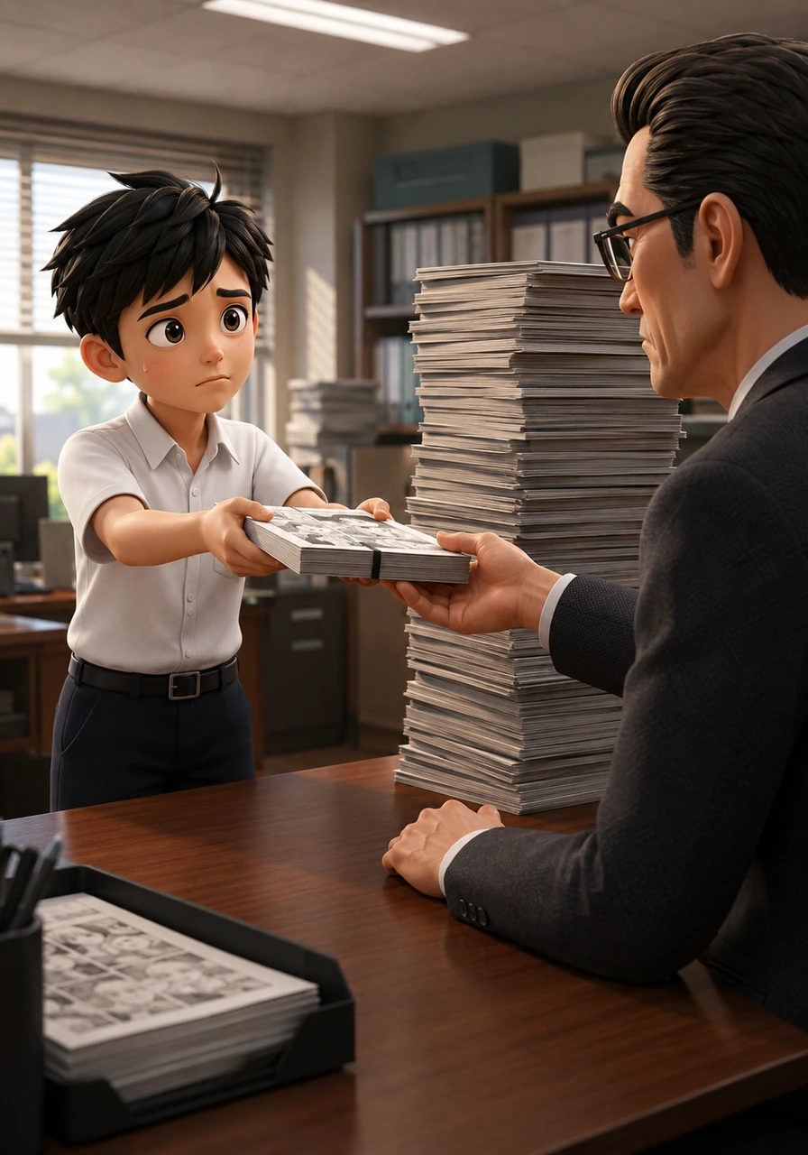 On submission day, Kaito nervously hands his neatly bound, finished manga manuscript to the stern-looking competition registrar at the busy school office. His heart pounds in his chest as he watches his creation being stamped, sorted, and placed among a dauntingly large stack of other entries.