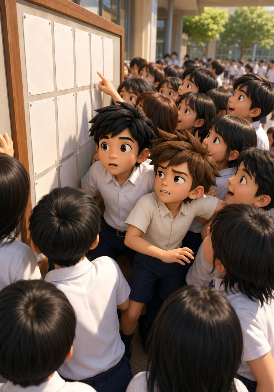 The day the results are posted, a huge, excited crowd of students gathers around the main school bulletin board, all jostling to see the list. Standing together in the crush, Kaito and Ren brace themselves as they search the name columns.