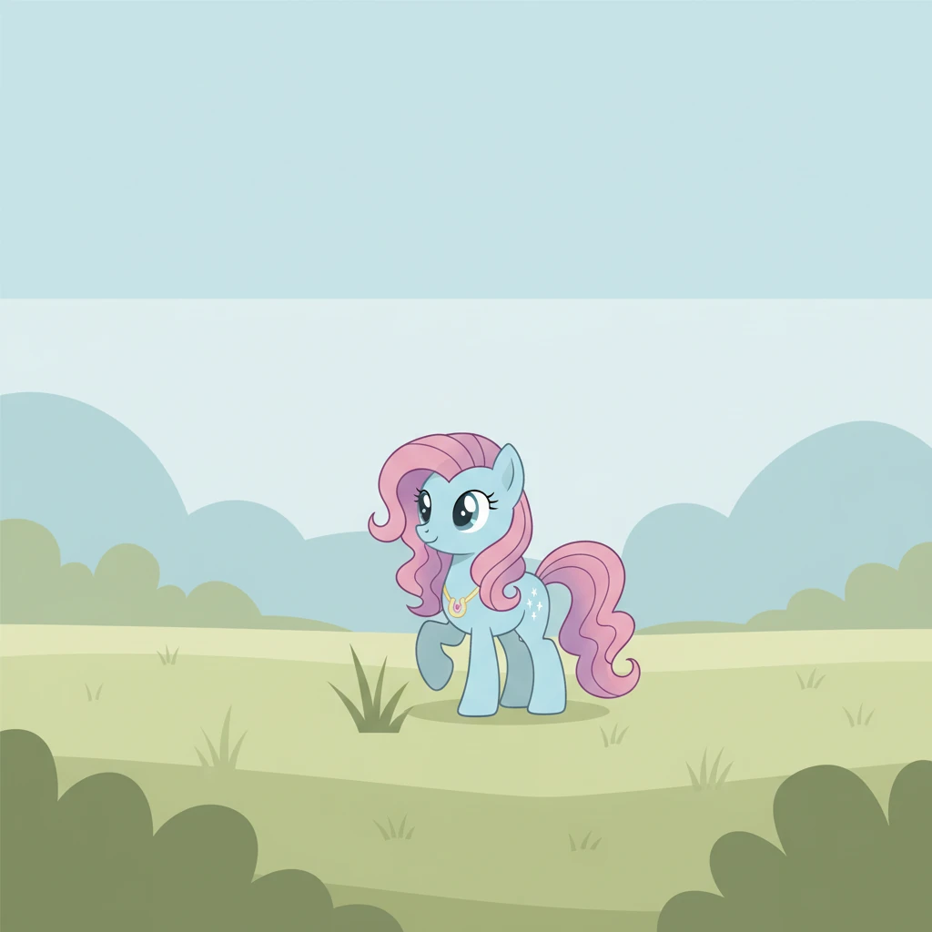 Sparklehoof, a quiet pony with a shimmering mane, stood in a vast, calm meadow. The world around her was made of simple, clean shapes and soft, muted colors, reflecting her gentle nature. She often observed the world with a thoughtful gaze.