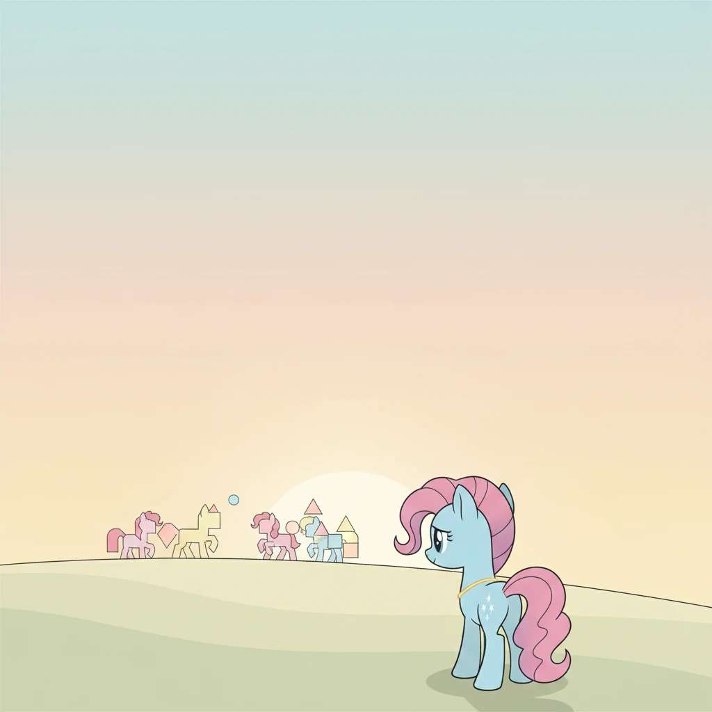 Though content, a tiny shadow of loneliness sometimes touched her heart. She watched other ponies playing, their geometric forms moving gracefully, creating simple patterns of joy in the distance. They seemed to shine with an easy confidence she wished she had.