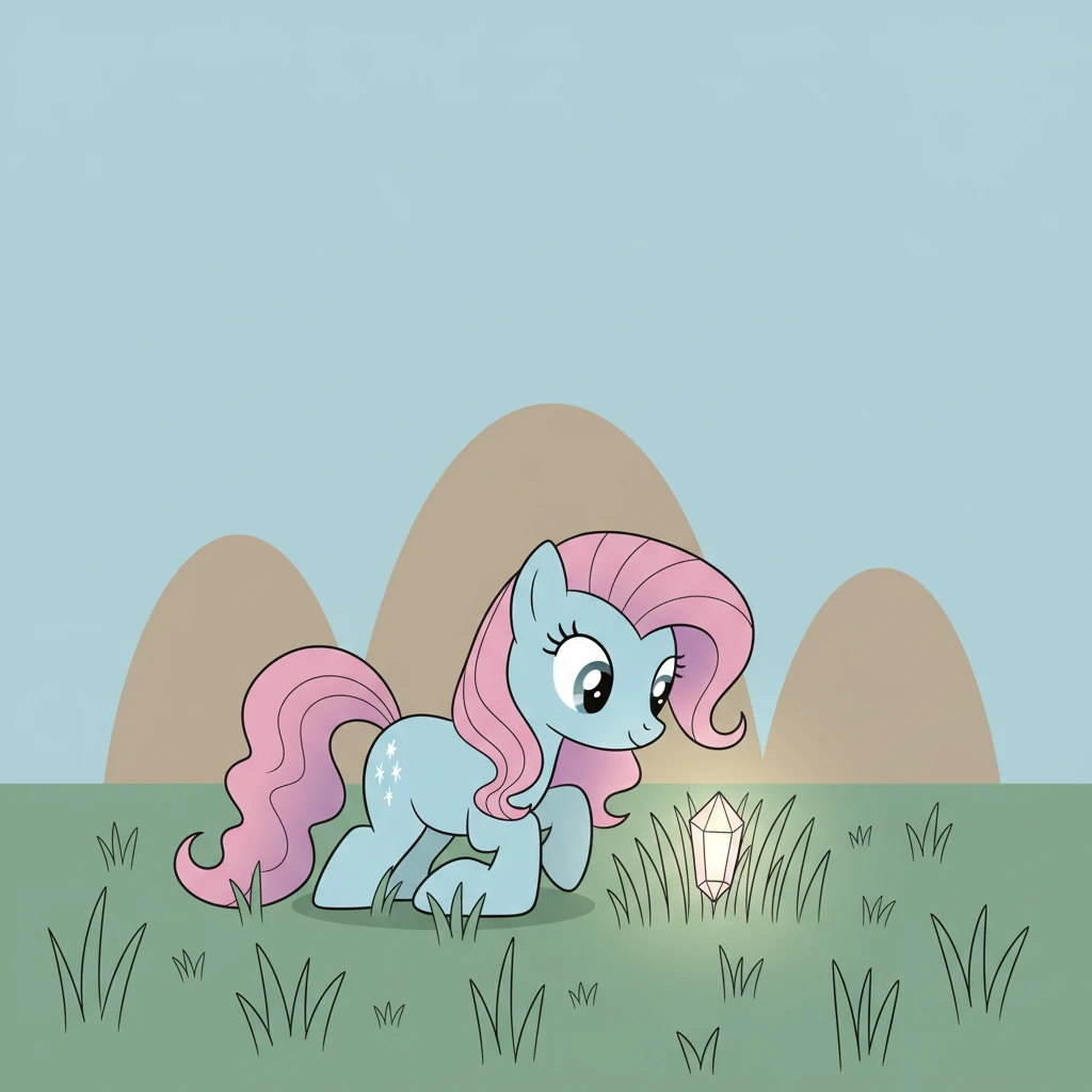 One quiet afternoon, while exploring near a cluster of smooth, rounded hills, Sparklehoof discovered something remarkable. A small, perfectly faceted crystal, glowing with a soft, inner light, lay nestled in the tall grass. Its clean lines hinted at a hidden power.