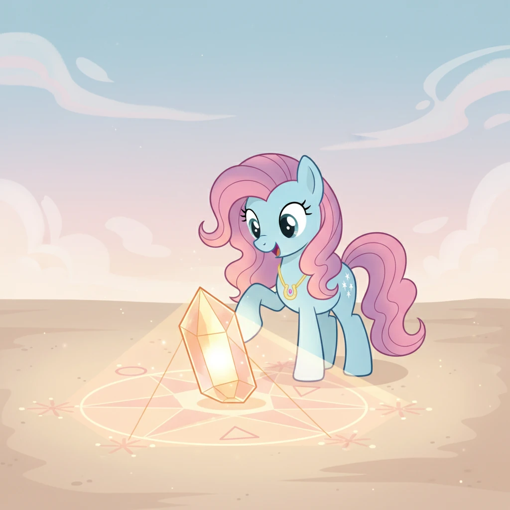 As she gently nudged the crystal with her hoof, a warm, gentle pulse of energy flowed through her. The crystal began to glow brighter, casting intricate, geometric light patterns onto the ground around her. She realized it was reacting to her touch, revealing a unique talent.