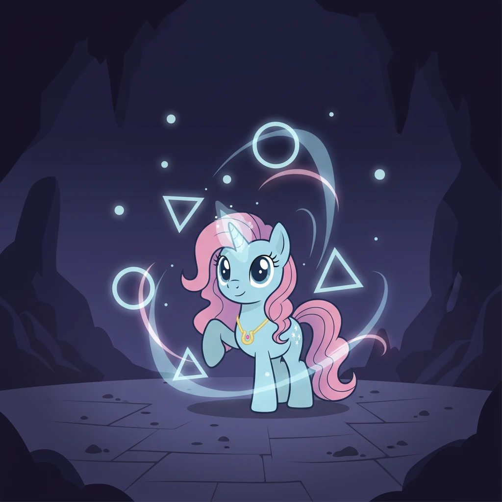 Filled with wonder, Sparklehoof practiced in secret. She learned to guide the crystal's light, creating beautiful, ephemeral shapes that danced in the air. Simple circles, elegant triangles, and flowing lines of light appeared and vanished, a silent ballet only she knew.
