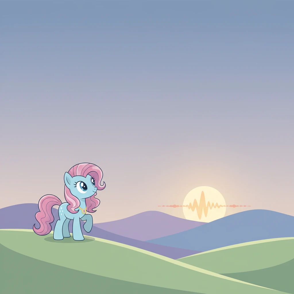 A curious flicker of light caught the eye of Sunnybeam, a cheerful pony with a bright, sunny disposition. From afar, she saw a faint, rhythmic glow emanating from behind the smooth hills where Sparklehoof often wandered. It was a light unlike any she had seen before.