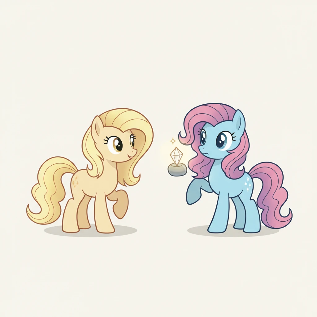 Sunnybeam, her curiosity piqued, cautiously approached the hidden spot. Sparklehoof, startled, tried to hide her glowing crystal, but Sunnybeam's kind smile encouraged her. With a deep breath, Sparklehoof revealed her shimmering magic, creating a small, glowing star.