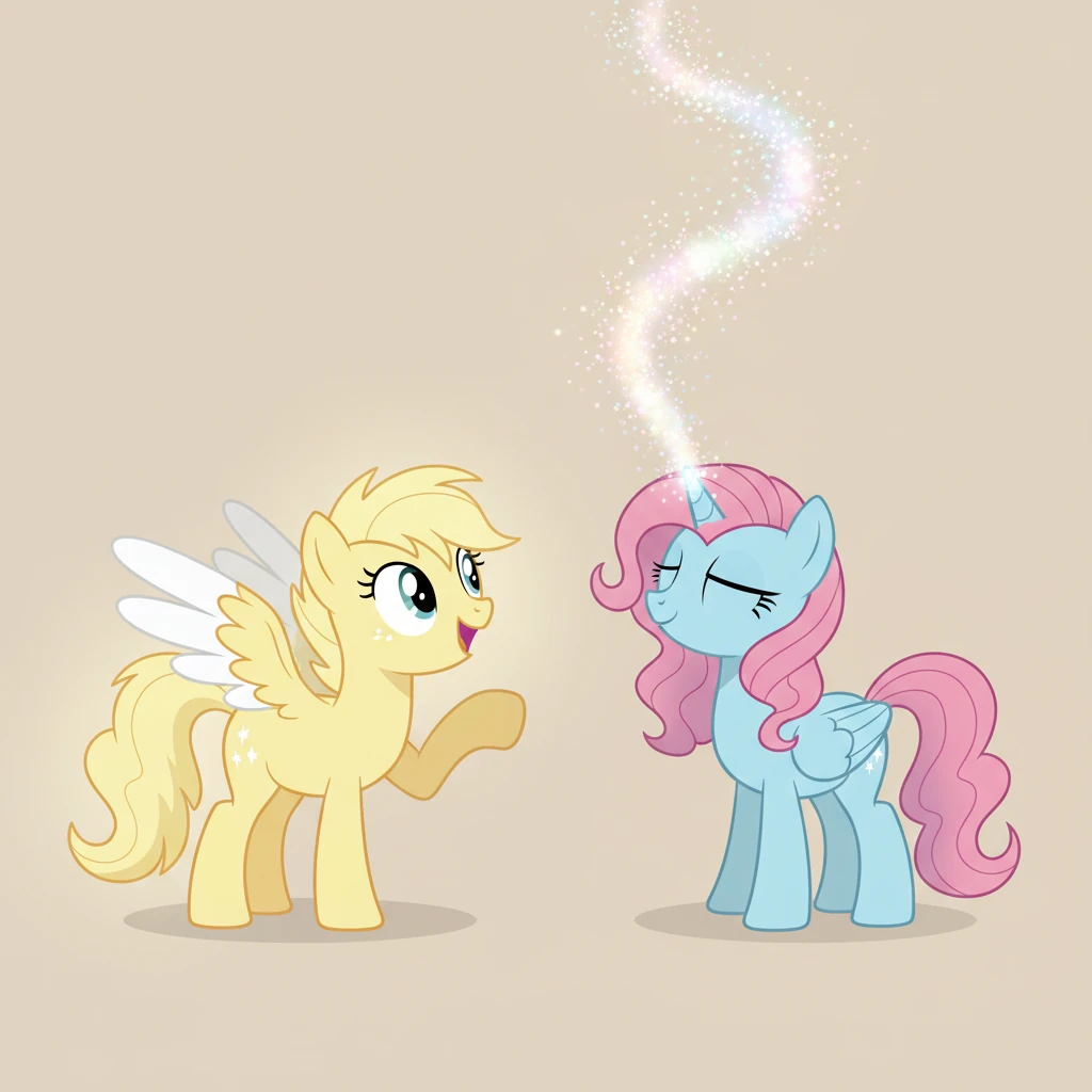 Sunnybeam gasped in delight, her eyes wide with amazement. She praised Sparklehoof's talent, her voice warm and encouraging. "Your light is beautiful, Sparklehoof! You should share this wonder with everyone," Sunnybeam exclaimed, her simple form radiating pure joy.