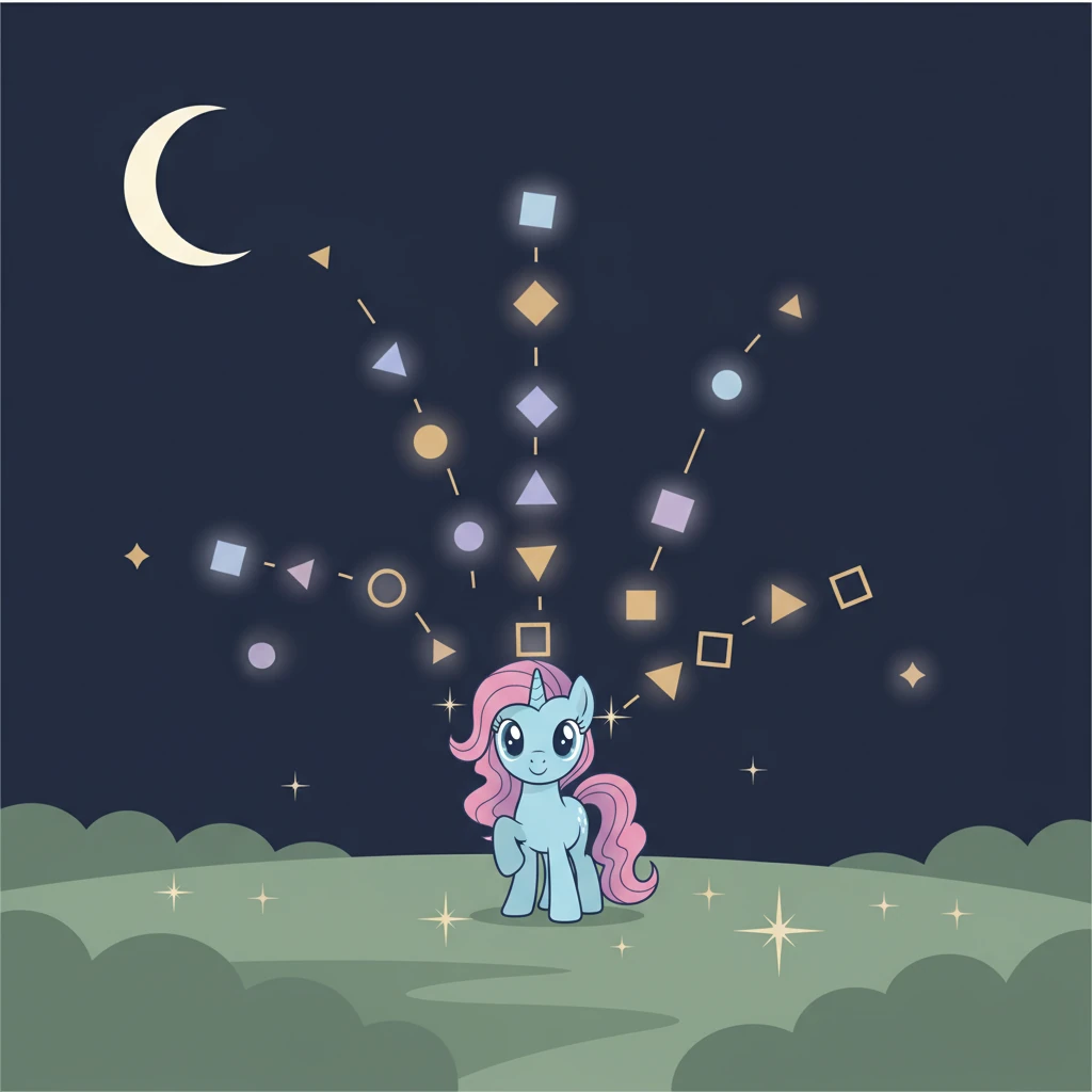 Inspired by her friend's words, Sparklehoof gathered her courage. That evening, as the minimalist moon rose, she stepped into the open meadow. With newfound confidence, she created a mesmerizing display of light, painting the sky with elegant, glowing geometric forms.