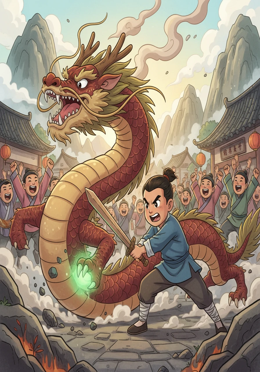 阿勇利用灵活的走位，躲过了恶龙的攻击，找到了它的弱点。他奋力一击，用木剑刺中了恶龙的脚踝。恶龙倒在地上，发出了痛苦的哀嚎，村民们欢呼起来。