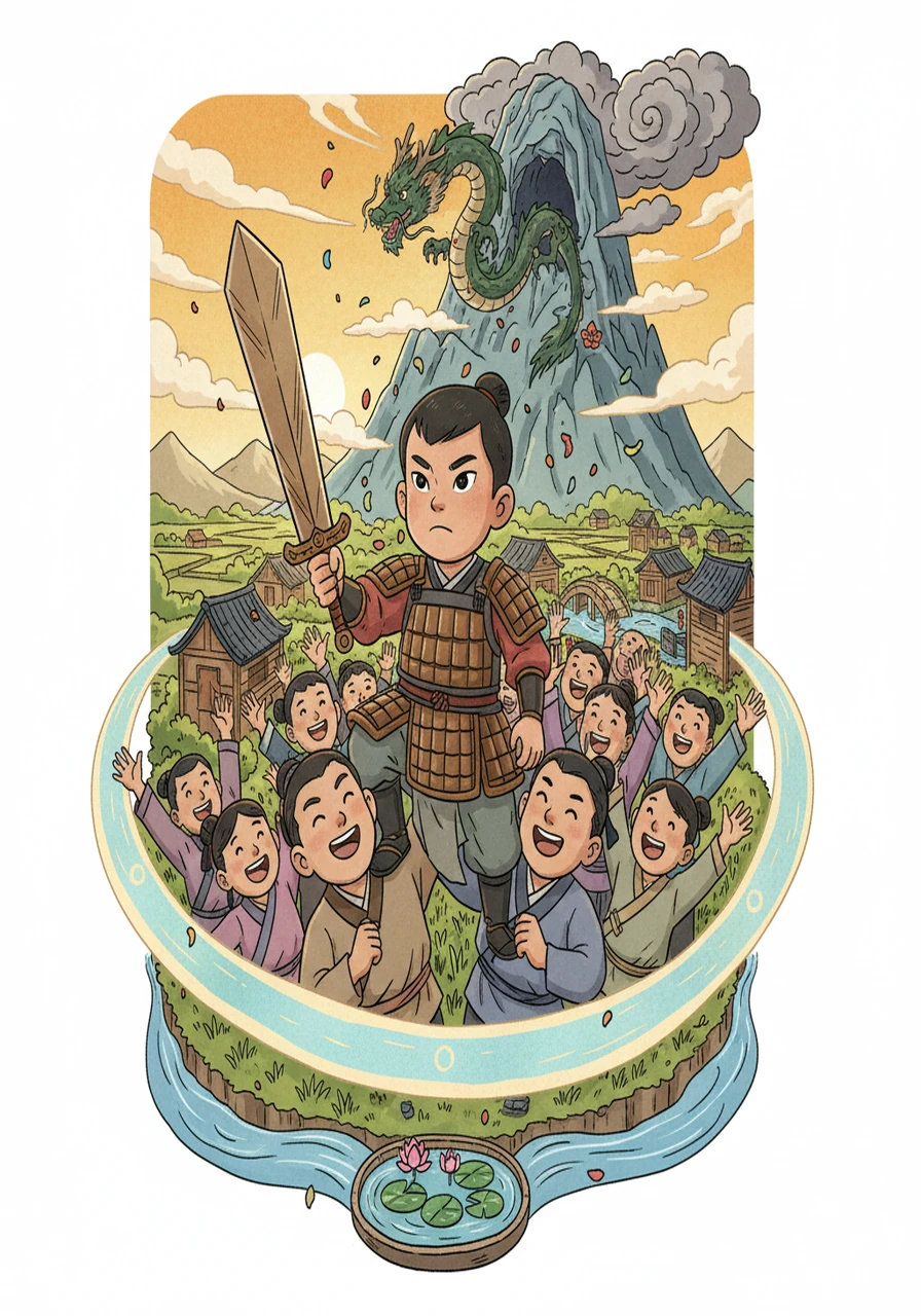 恶龙最终被打败，逃回了它的巢穴。阿勇成为了村庄的英雄，村民们为他欢呼。阿勇明白，勇气不是没有恐惧，而是即使害怕，也要勇敢地前进。他永远守护着这个村庄。