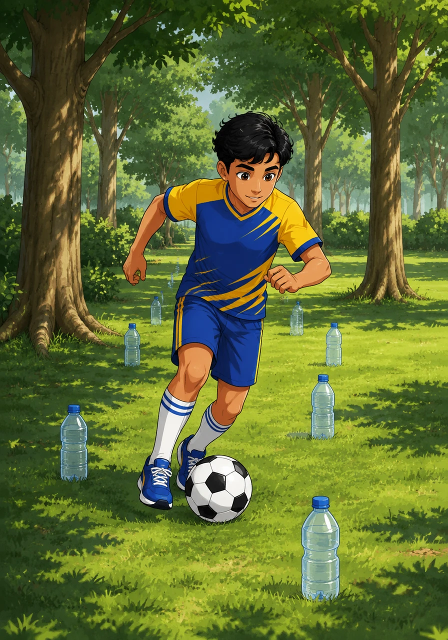 In the quiet corners of the park, Salman trains tirelessly for hours, dribbling the ball with incredible speed and focus. He skillfully weaves through the trees and maneuvers around makeshift cones he created from empty plastic bottles.