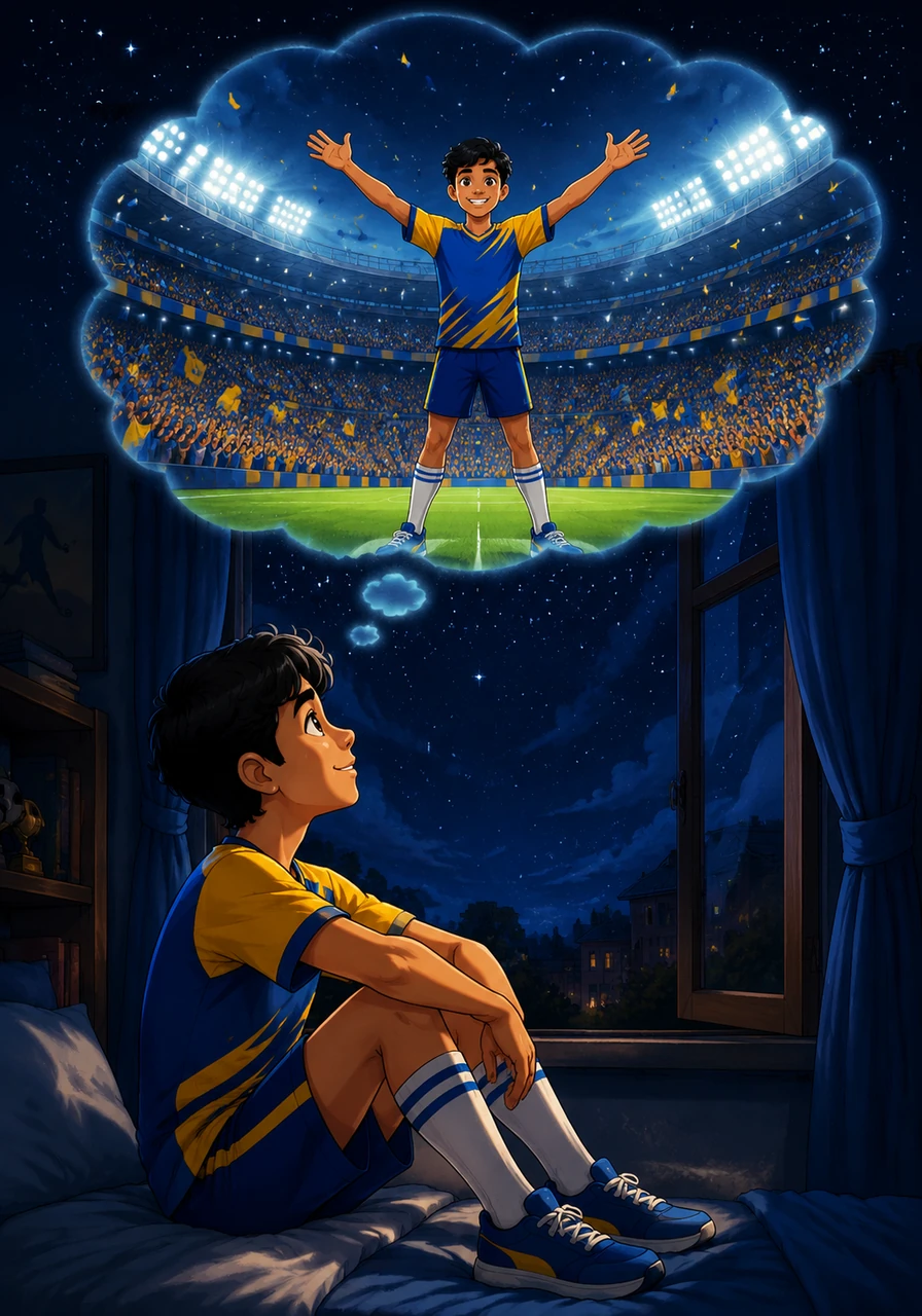 Late that night, Salman sits by his bedroom window, looking up at the stars and imagining his bright future. He envisions himself playing in a massive, brightly lit stadium, hearing the thunderous roar of thousands of passionate fans cheering his name.