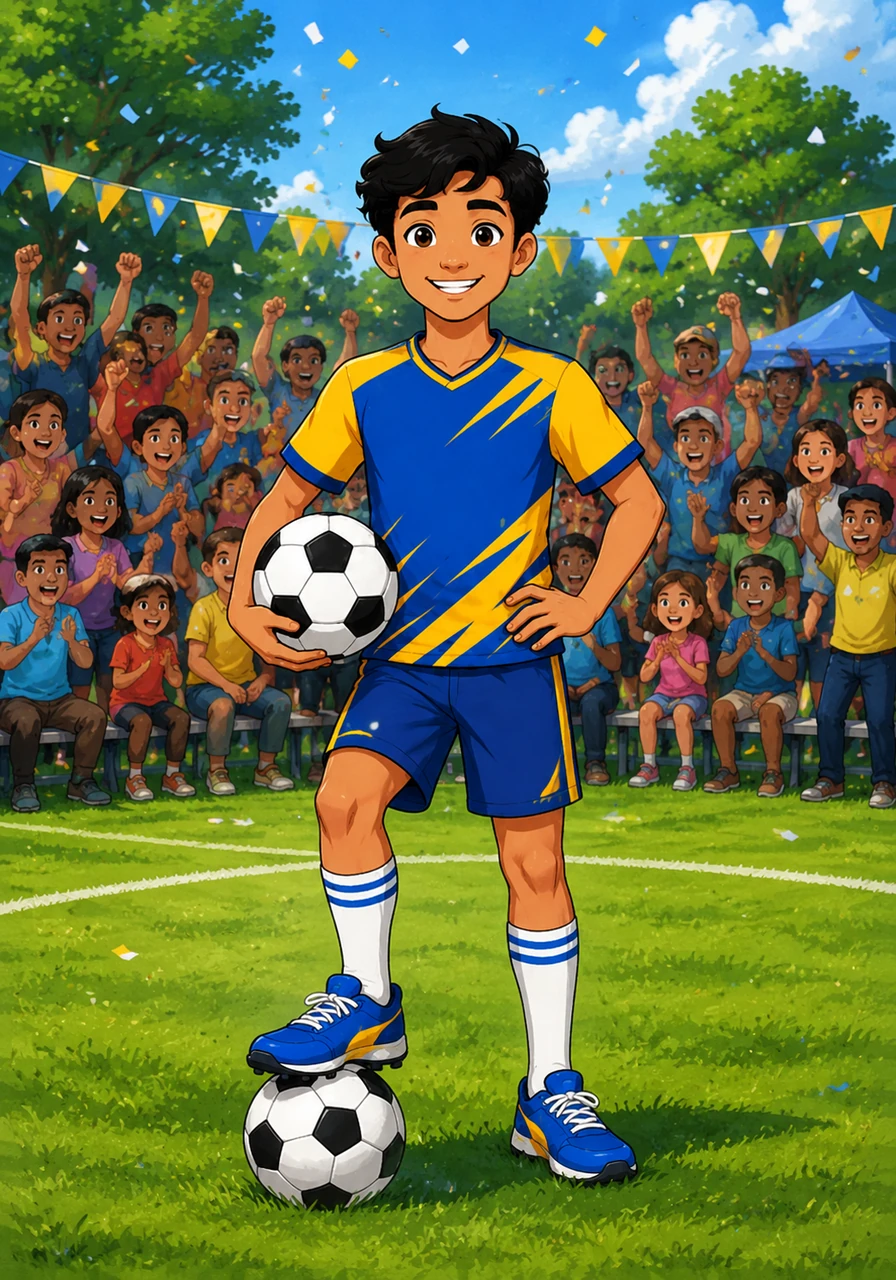 The big tournament day finally arrives, and Salman proudly puts on his team’s jersey and his favorite lucky cleats. The neighborhood field is filled with a lively crowd of families and friends who have come to cheer them on.