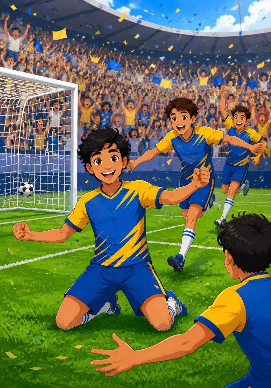 The ball flies into the back of the net, causing the entire crowd to erupt in cheers as Salman scores the spectacular winning goal. His overjoyed teammates rush over to embrace him, celebrating their hard-earned championship victory.