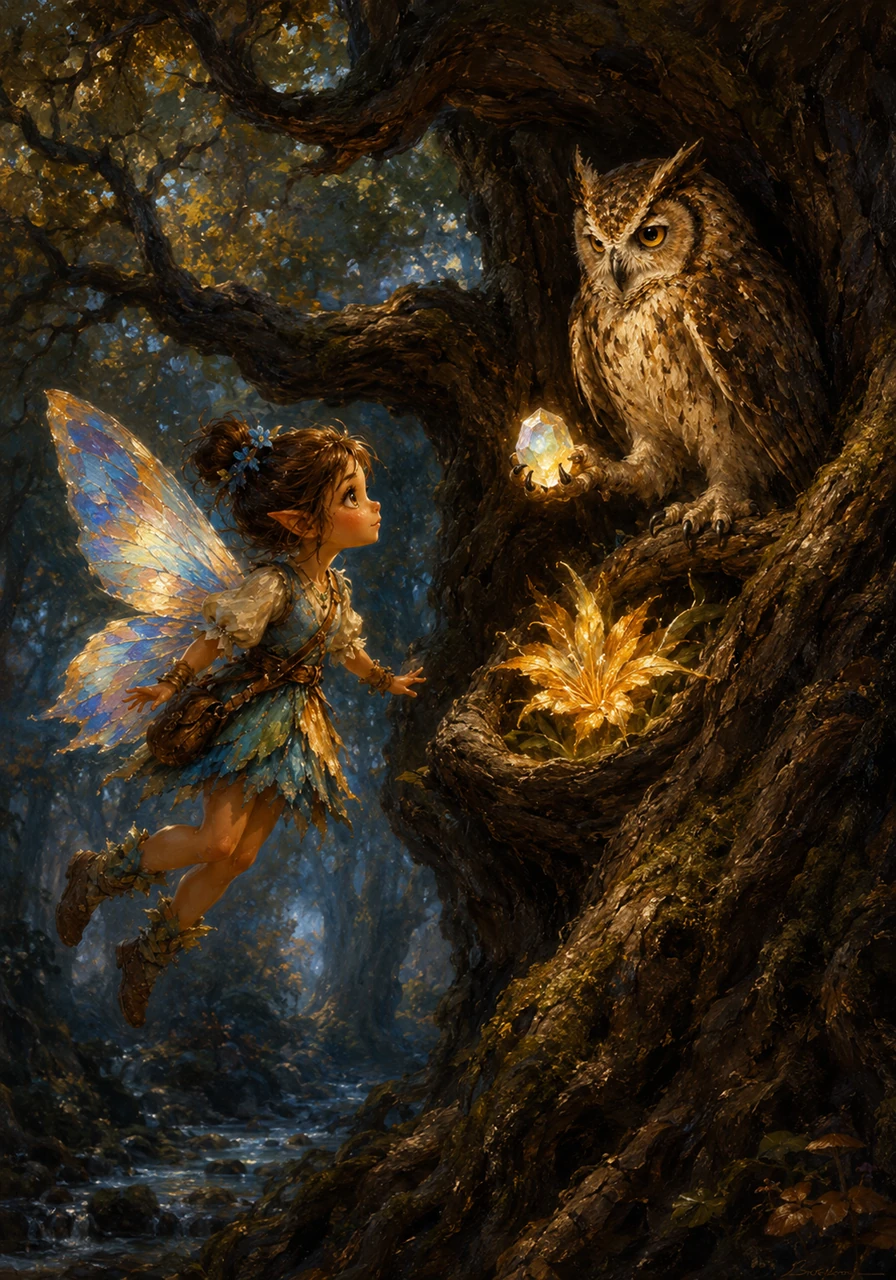 Seeking answers, Aria flew to the ancient, twisted oak tree to consult Barnaby, the wisest owl in the woods. He told her the forest's magic came from the Moonstone, and it was losing its glow. The only way to save it was with the light of the rare Sunbeam Lily.