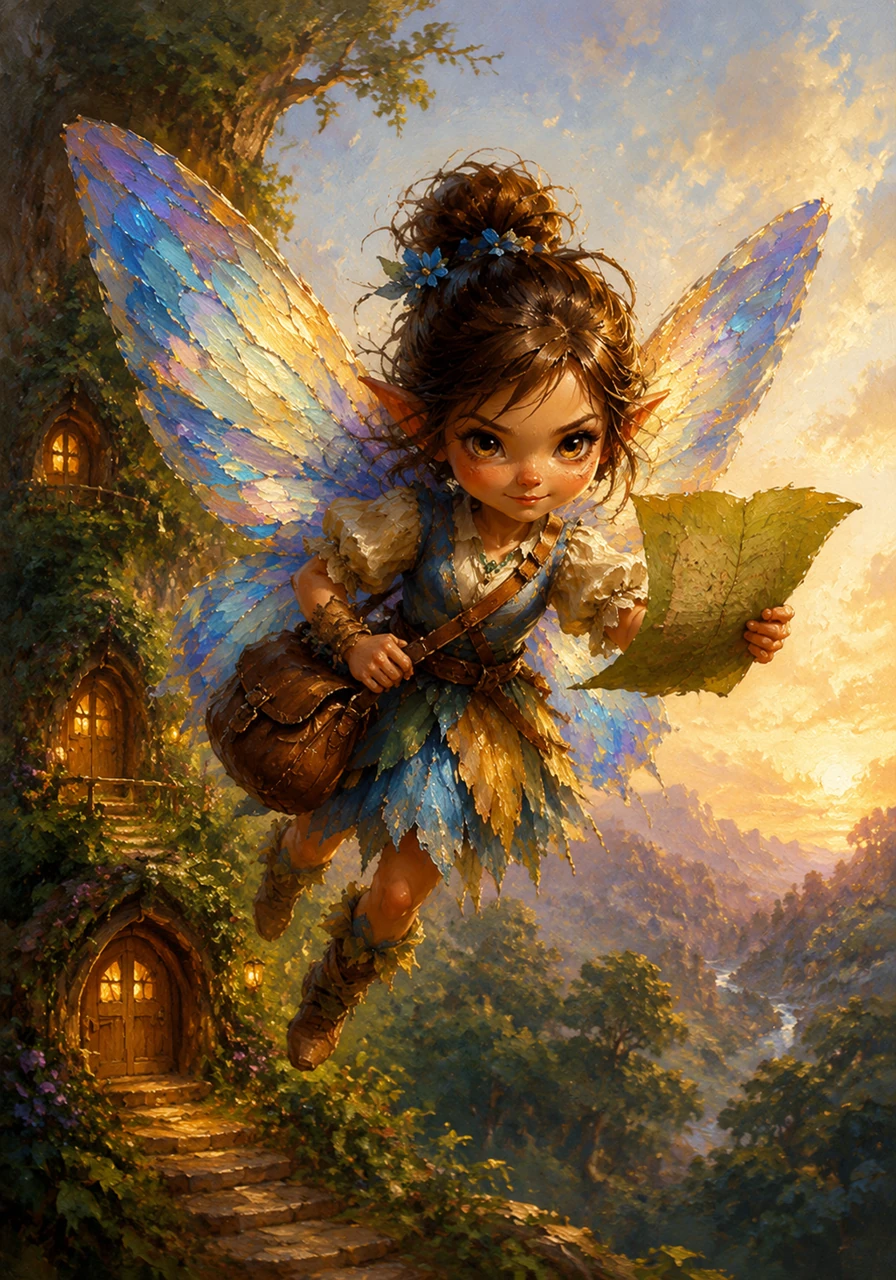 Aria knew she must go on a quest. With only her small bag and a map drawn on a leaf, she flew away from her cozy home, determination etched on her tiny face. The journey ahead was long and unknown.