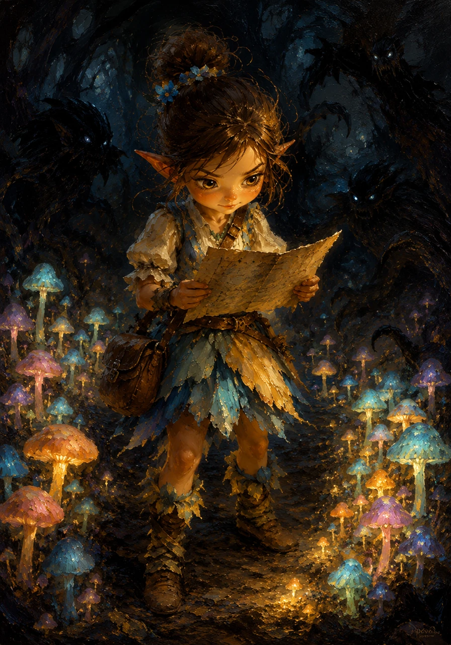 Her path led her through a field where colorful, glowing fungi pushed through the dark earth. Although the mushrooms illuminated her way, strange shadows darted just beyond the light, testing her courage. She focused on the map and pressed onward.