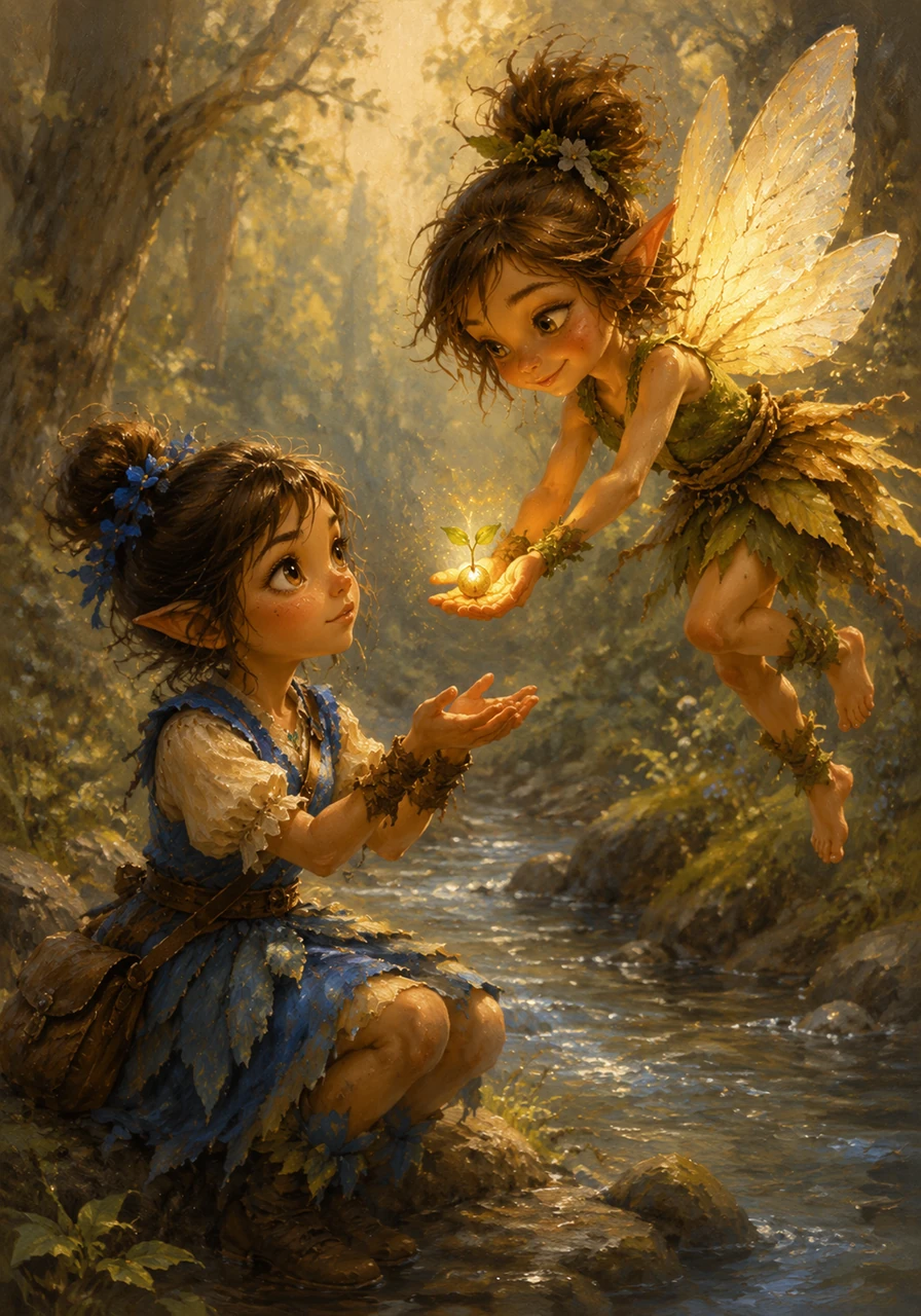 Near a trickling stream, a mischievous but kind sprite named Elara intercepted her. Hearing of Aria's mission, Elara gifted her a tiny, glowing seed. If planted in darkness, it would sprout a lantern to guide her.