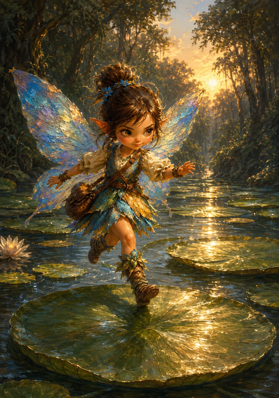 She reached the wide, sparkling river that marked the border of the Whispering Woods. To cross, Aria had to hop carefully across massive floating lily pads, their slick surfaces shining like polished emeralds under the fading afternoon sun.