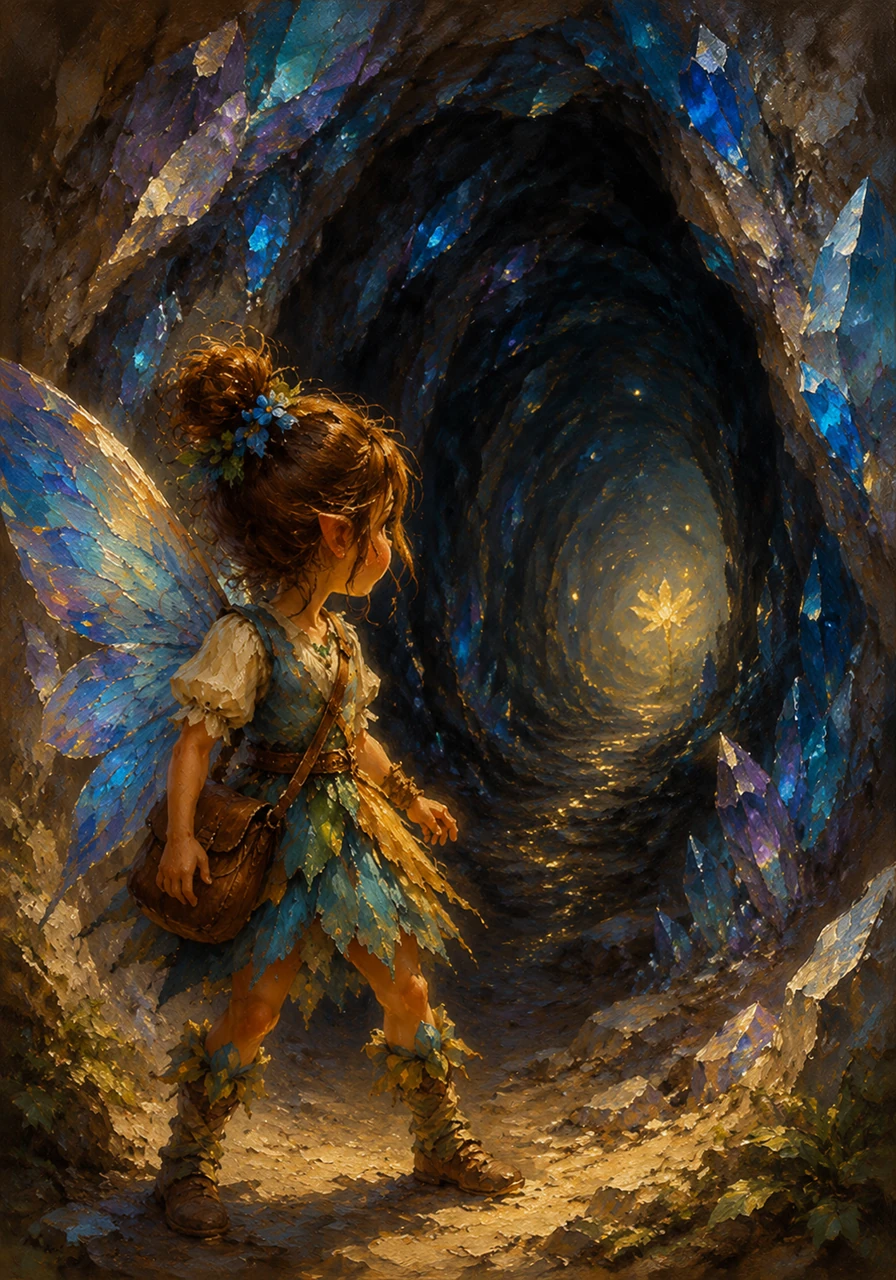 After days of travel, she finally located the hidden entrance to the Whispering Caves, where the Sunbeam Lily grew. The dark, crystalline mouth of the cavern swallowed the path, but she could see faint, swirling lights deeper within.