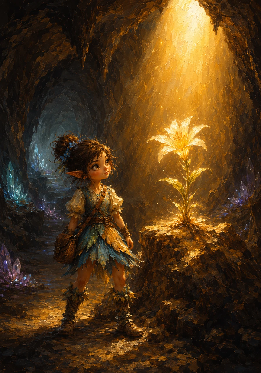 Inside the confusing caves, glowing crystals tried to mislead her with false paths. Just as her courage wavered, the memory of her forest pushed her forward. In a high, quiet chamber, a single, brilliant flower bathed everything in golden warmth: the Sunbeam Lily.