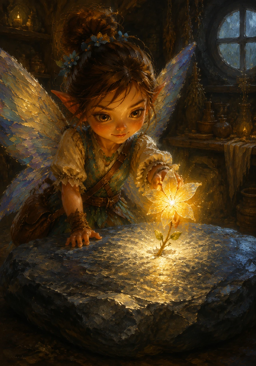Carefully carrying the luminous Sunbeam Lily, which glowed like a fallen star, Aria returned home. She found the ancient, faded Moonstone and gently touched the lily to its cold, dark surface.