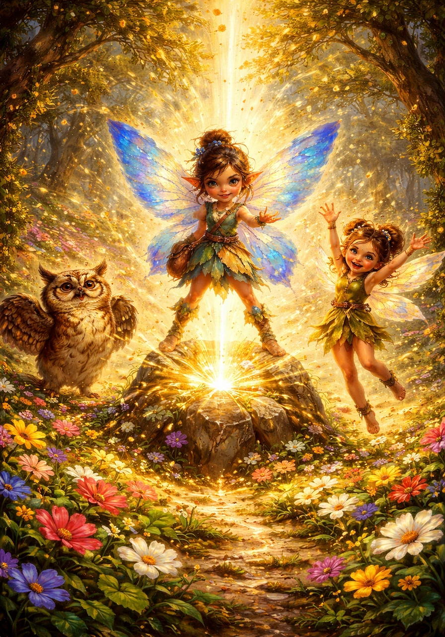 Immediately, a burst of radiant energy erupted from the stone, spreading warmth through the forest. The woods pulsed with life, flowers bloomed instantly, and the other fairies cheered for their brave friend. Aria smiled, her shimmering blue wings reflecting the beautiful light.
