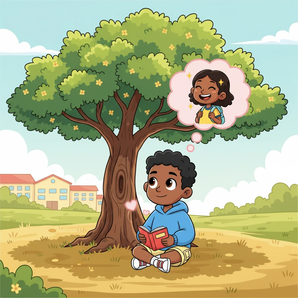 One sunny afternoon, Buchi found himself alone, sitting beneath a grand acacia tree near the school, lost in thought. His mind drifted to Edu, her bright smile, her infectious giggle, and the way her eyes sparkled when she was excited. A new, fluttery feeling began to bloom in his chest.