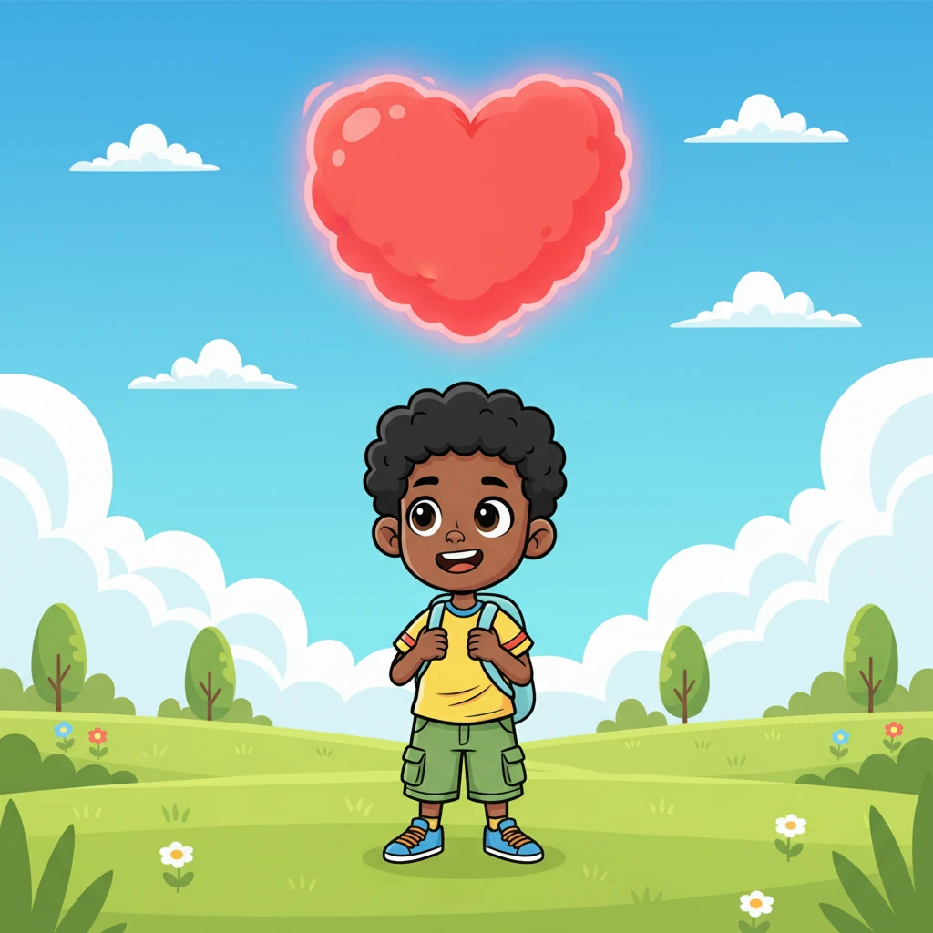 As he pondered, a realization dawned on him, a warm, overwhelming wave of emotion. He wasn't just friends with Edu; he was falling in love with her. A whimsical heart-shaped cloud seemed to form above his head, reflecting his newfound affection, as a wide, dreamy smile spread across his face.