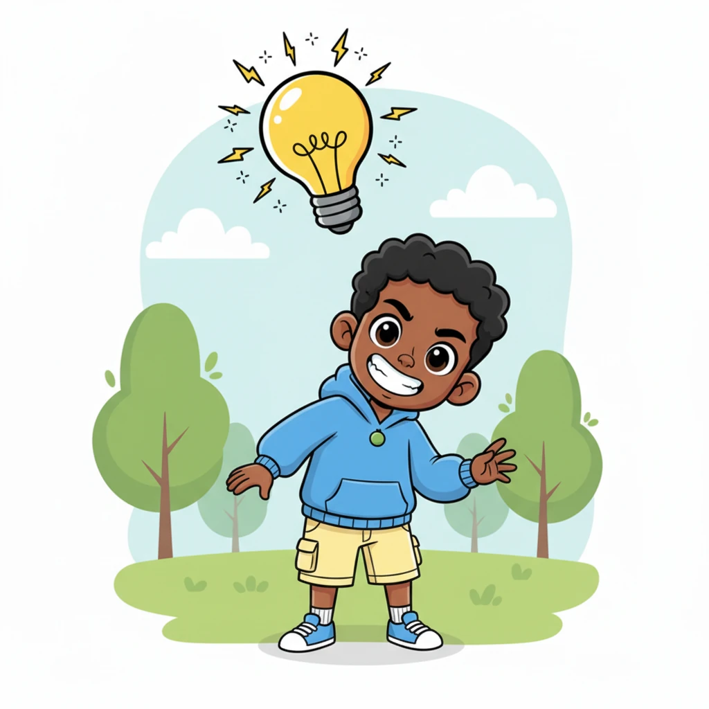 Suddenly, a playful spark ignited in Buchi's eyes, and a mischievous grin stretched across his face. An exaggerated cartoon lightbulb popped into existence above his head, signaling a daring idea. He knew exactly what he had to do, a bold move to express his burgeoning feelings.